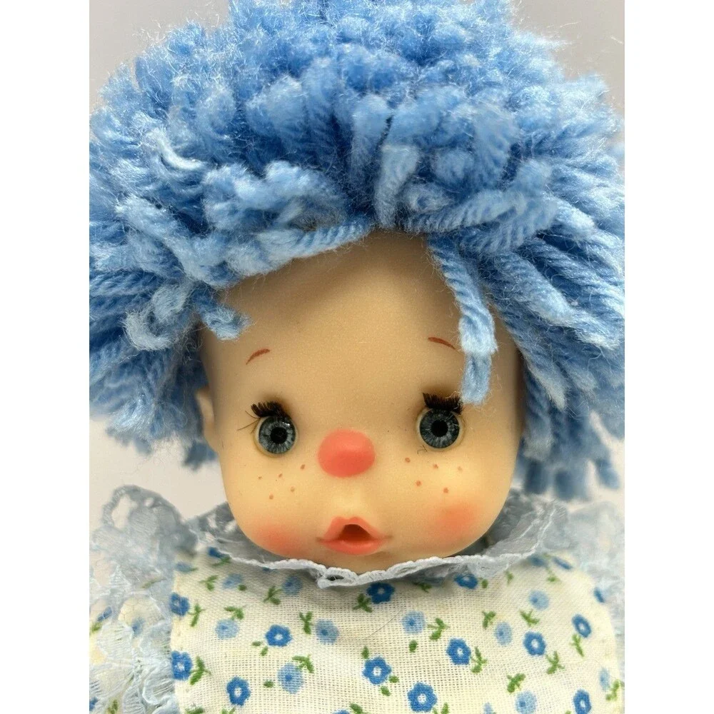 Vintage Cean Toys Doll Blue Yarn Hair 7" Plush Floral Dress Baby Doll 80's - Picture 5 of 15